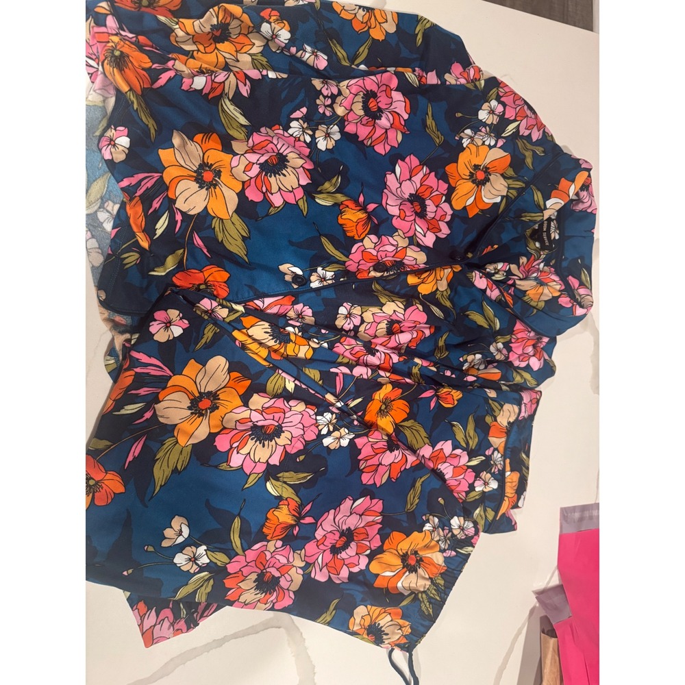 Room Service Womens Floral Pajama Set Blue Pink Orange Button Down Sleepwear S